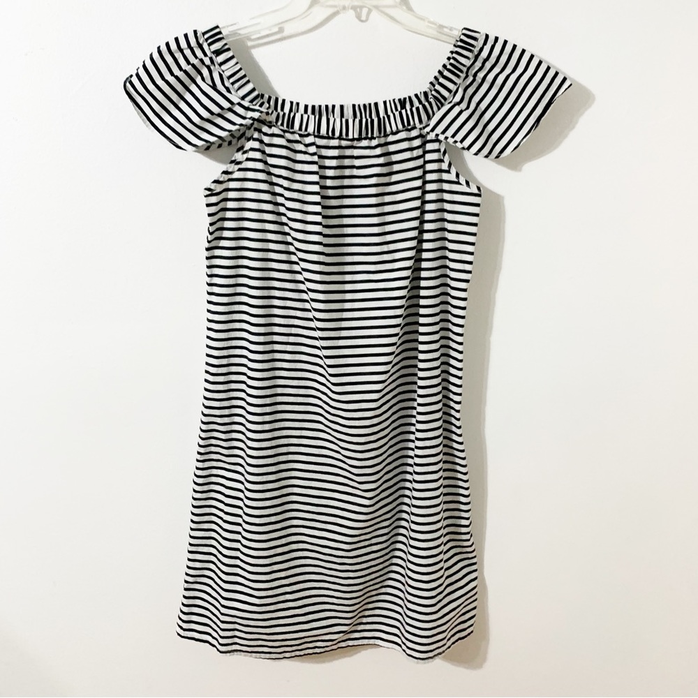 J.Crew 100% Cotton Stripe Off The Shoulder Flutter Sleeve Midi Dress Black White